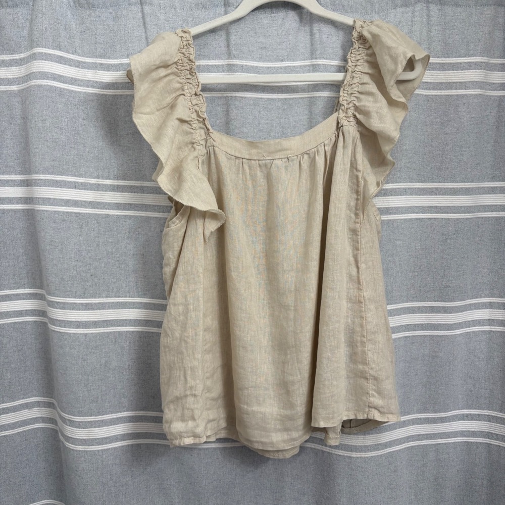Kaktus Cream Linen Ruffle Sleeve Tank Top Size XL Resortwear Coastal Vacation